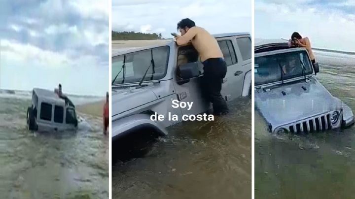 VIDEO | Turistas intentan cruzar la Laguna de Manialtepec en su Jeep, pero terminan atascados