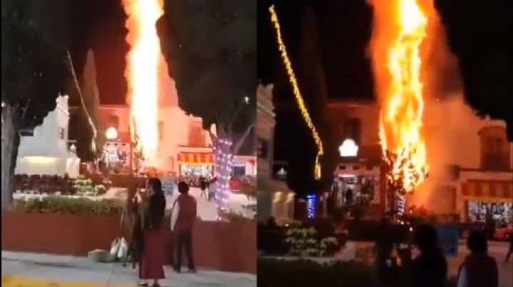 VIDEO | Se incendia el pino de Navidad en el Centro Histórico de Tlaxiaco, OAXACA