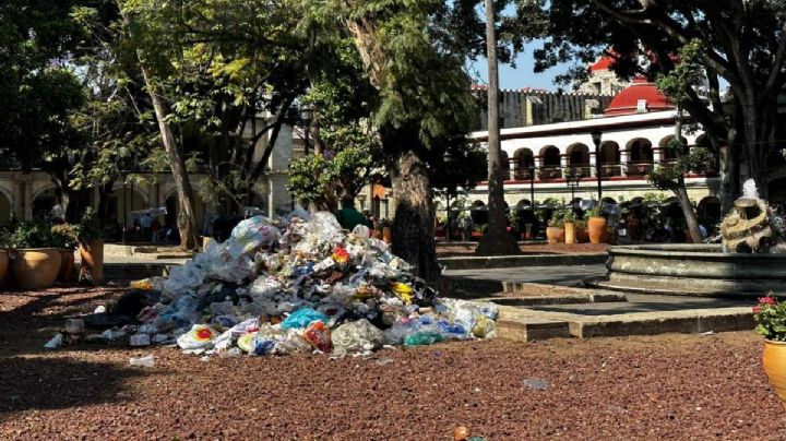 Trabajadores de limpia de Oaxaca de Juárez arrojan kilos de basura en el zócalo