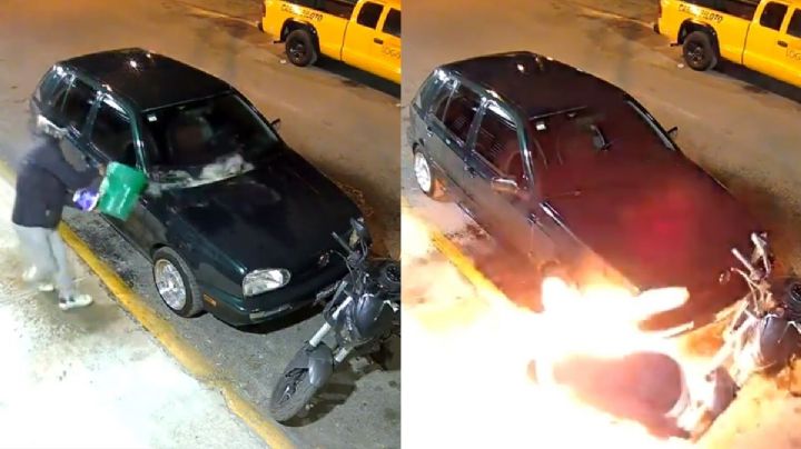 VIDEO| Sujeto despechado le prende fuego al auto de su ex y termina quemado