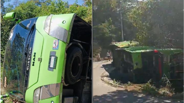 VIDEO | Camión de turismo vuelca en la carretera que une a Zipolite con Mazunte