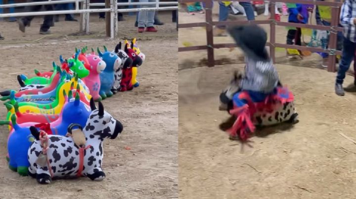 Mini jaripeo en OAXACA se hace viral por pequeñines montando vaquitas inflables | VIDEO